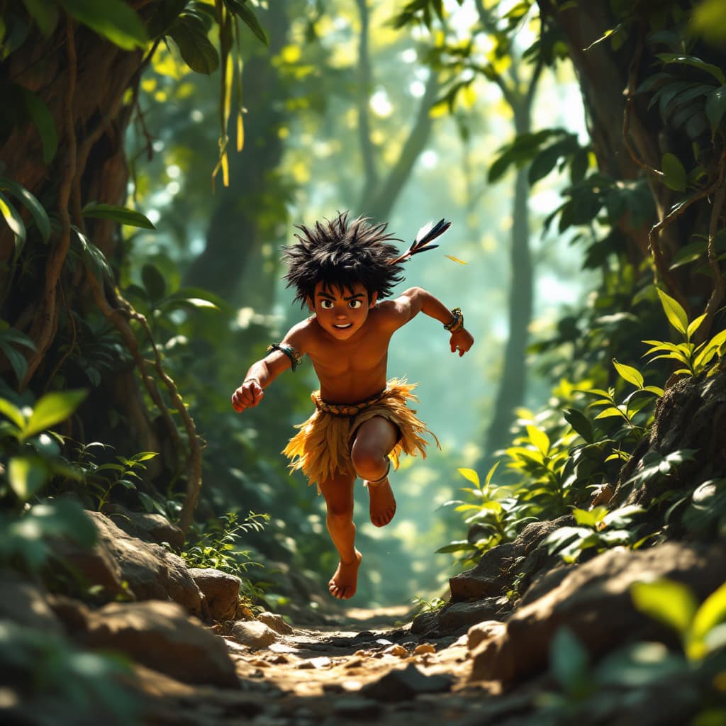 AI generated: A boy of 14 years old, with brown skin and dark hair, running quickly through a dense jungle. He wea...
