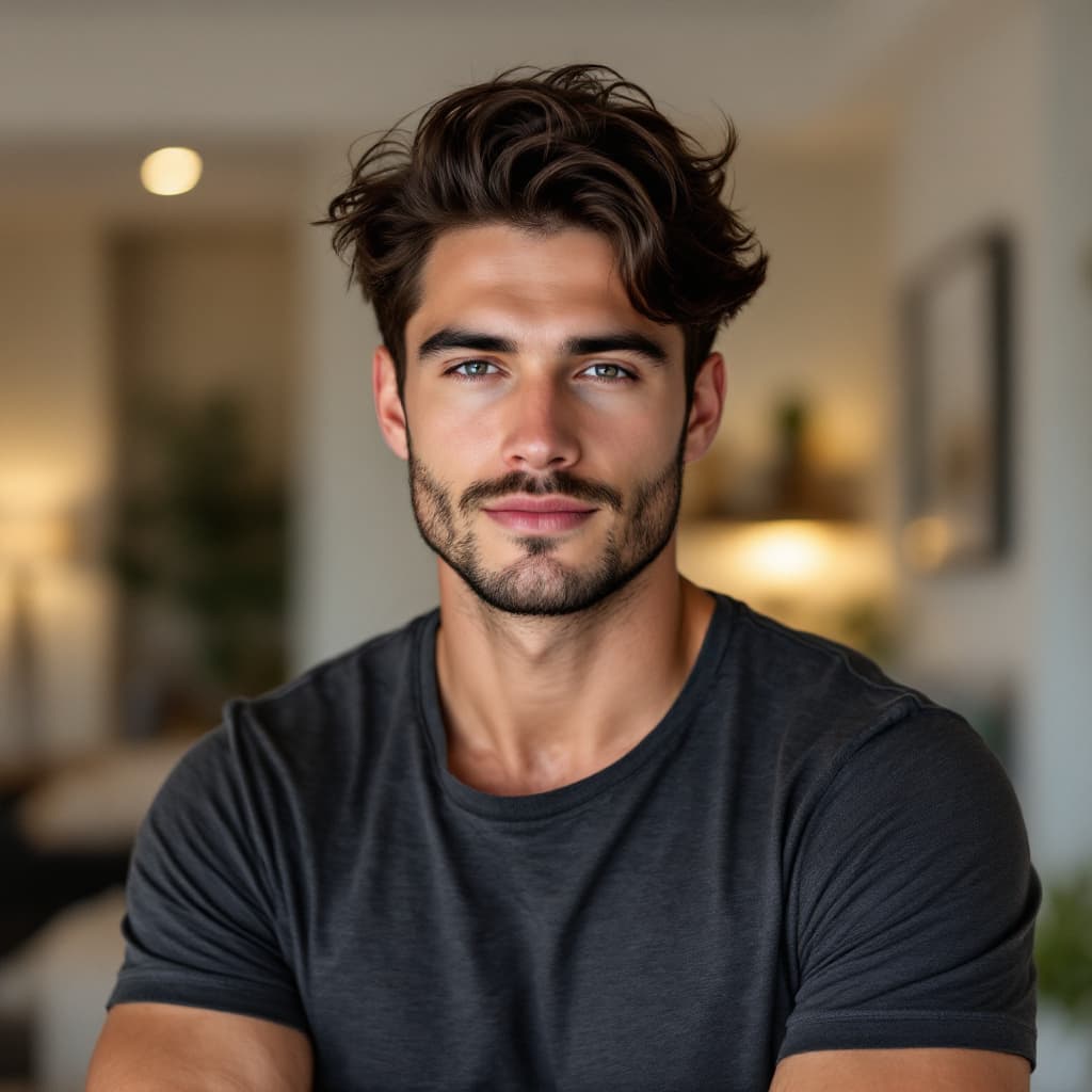 AI generated: Portrait of a 25-year-old white American man, styled deep brown hair, toned arms in a charcoal tee, ...