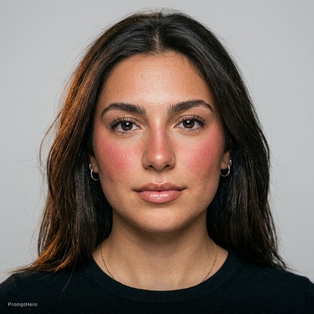 AI generated: Young woman, early 20s, Mediterranean appearance, 
long straight dark brown hair, slightly tousled a...