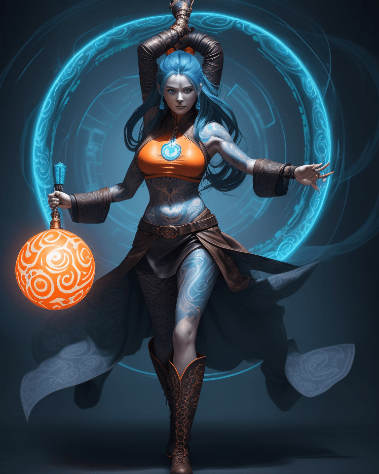 AI generated: The image portrays a female character with a tattooed chest, wearing a long leather flowing shirt an...