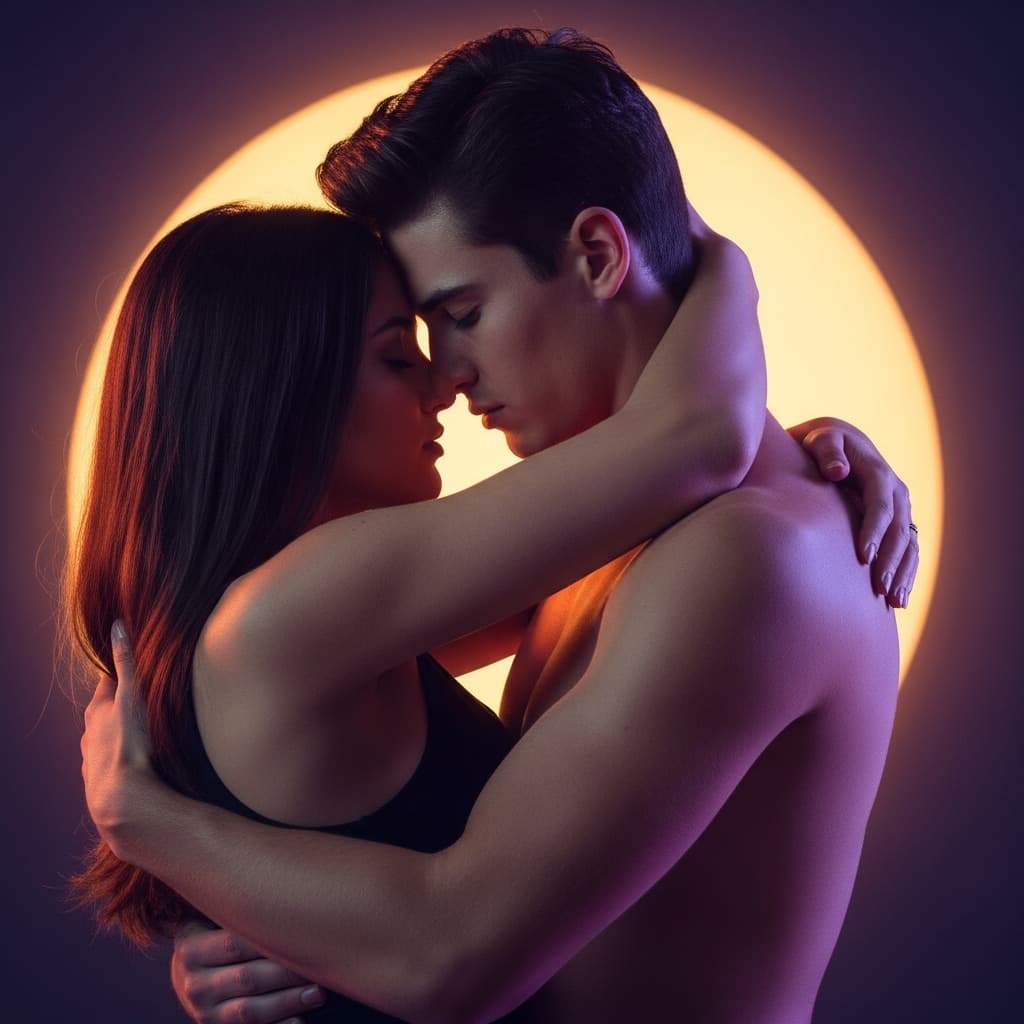 AI generated: Two young, attractive man and woman, embracing extremely tightly, holding each other very close, int...