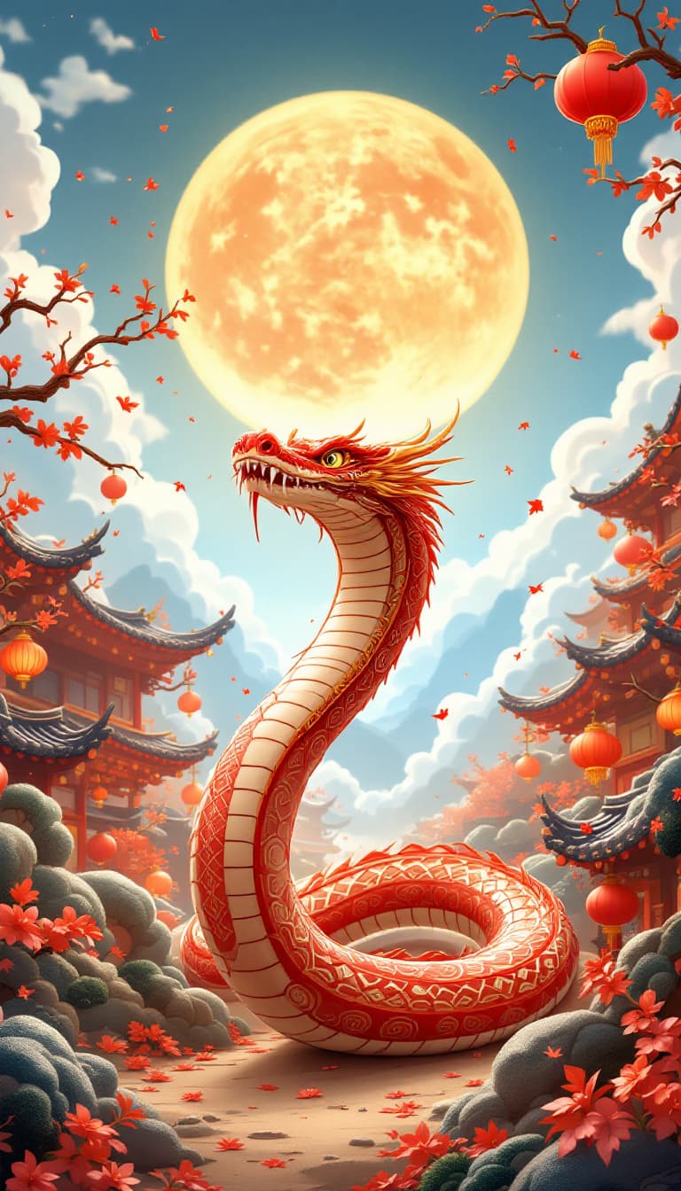 AI generated: lunar new year Wood Snake, in the style of Pixar animation, traditional Chinese cultural themes, int...