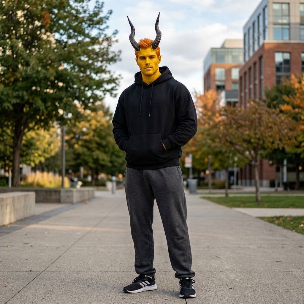AI generated: A muscular attractive man with yellow skin and orange hair with red eyes with a black hoodies with s...