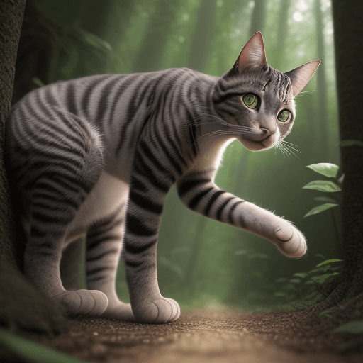 AI generated: home cat stalking its prey, front view, front facing, stealthy, forest background, dof, award winnin...