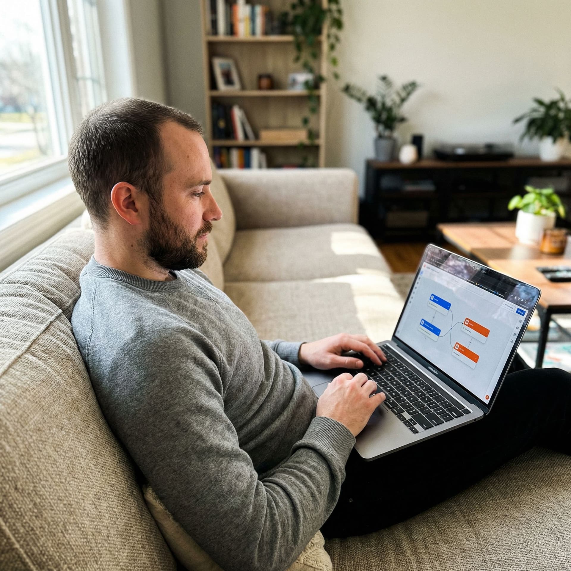 AI generated: Realistic iPhone-style photo of a North American man in his early 30s sitting casually on a sofa in ...