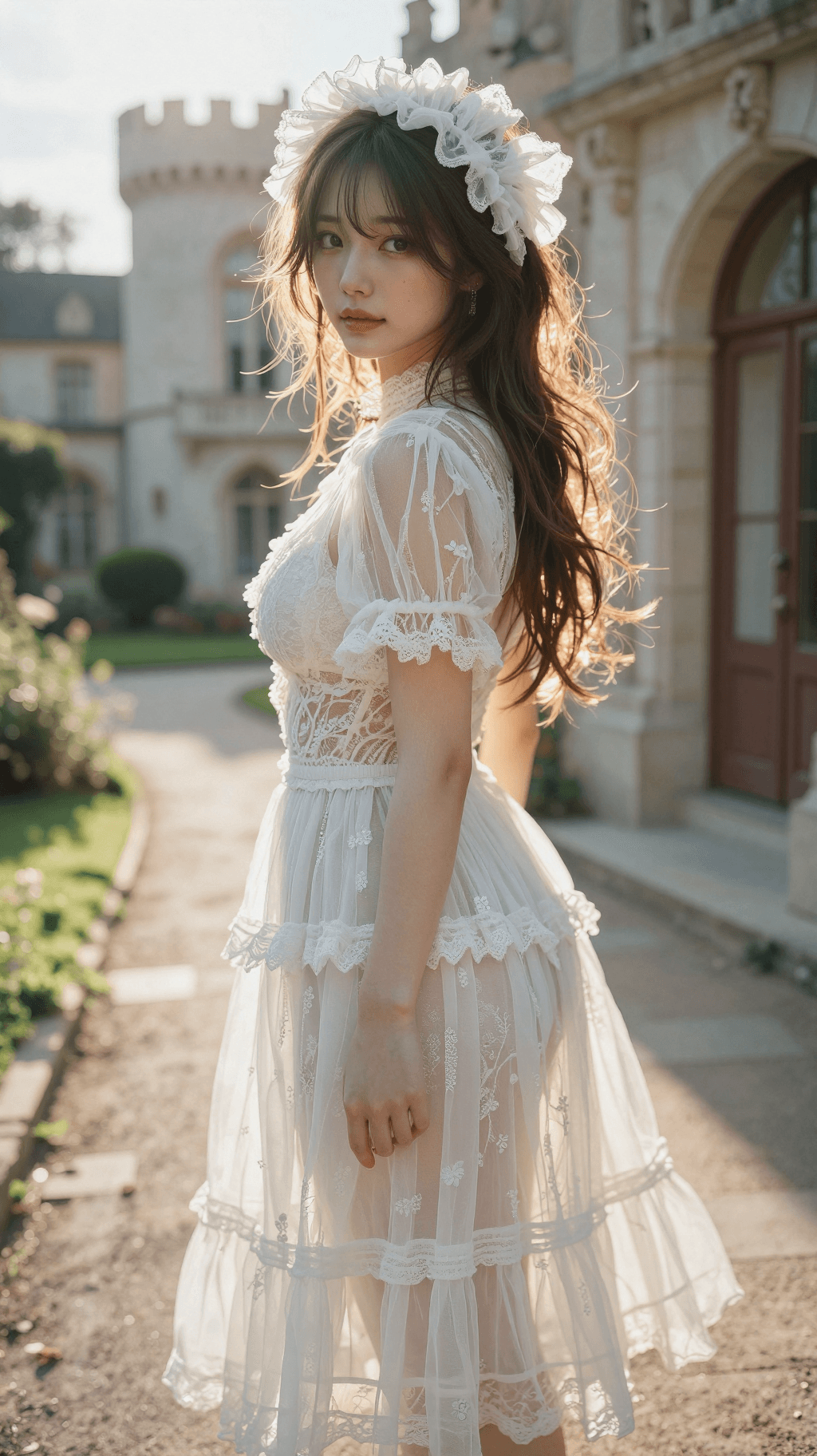 AI generated: A detailed, photorealistic, cinematic vertical medium-full shot of a stunning young Japanese woman p...