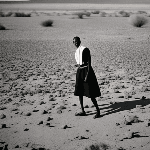 AI generated:  Photograph of an African woman wearing a black dress and white collar, barefoot standing in the mid...