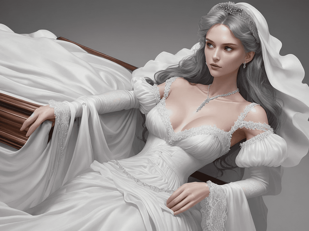 AI generated: The woman in the coffin is dressed in a flowing white gown with a high neckline and short, puffed sl...