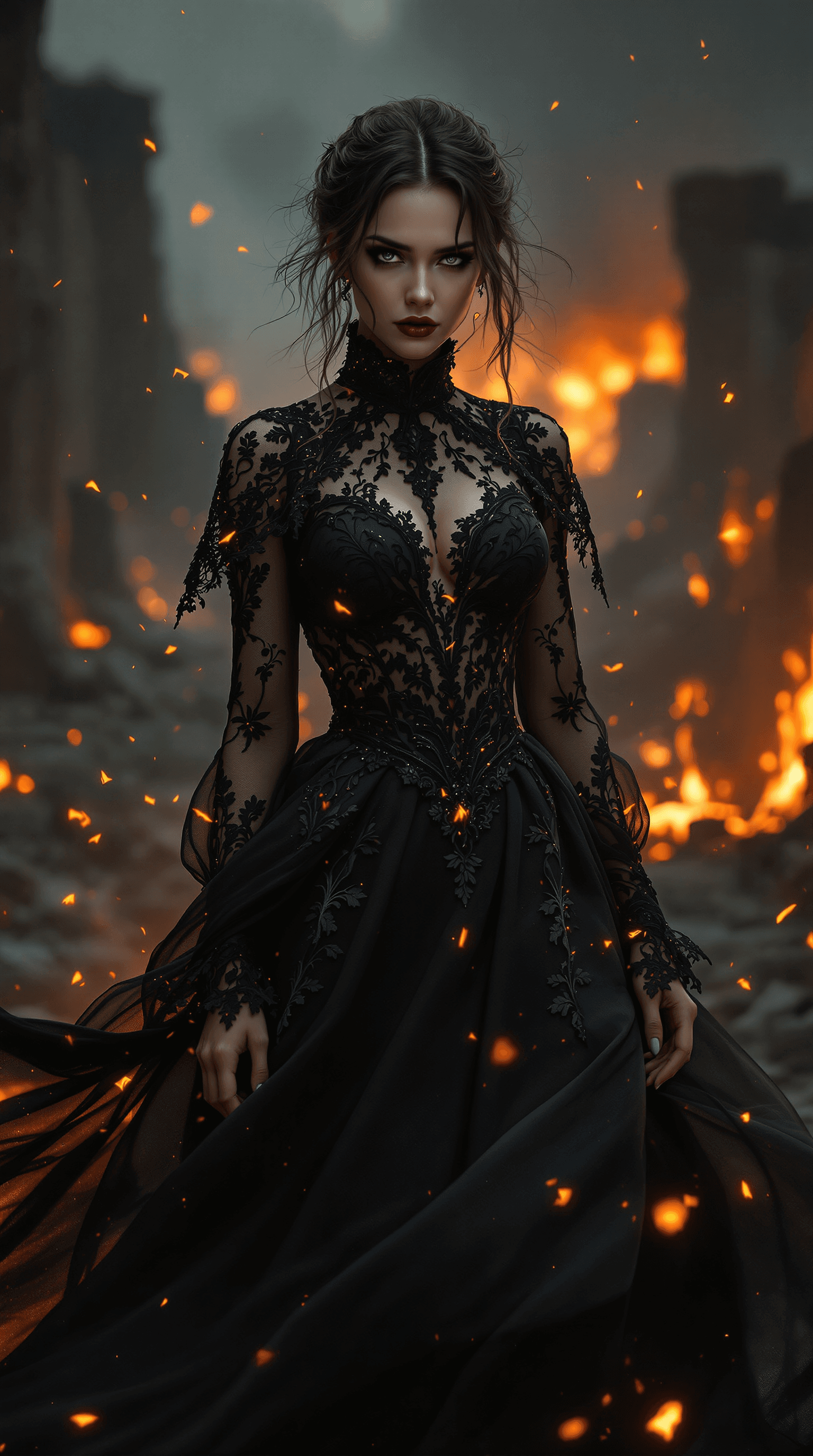 AI generated: A hauntingly beautiful portrait of a woman standing amidst a smoldering, war-torn landscape. She is ...