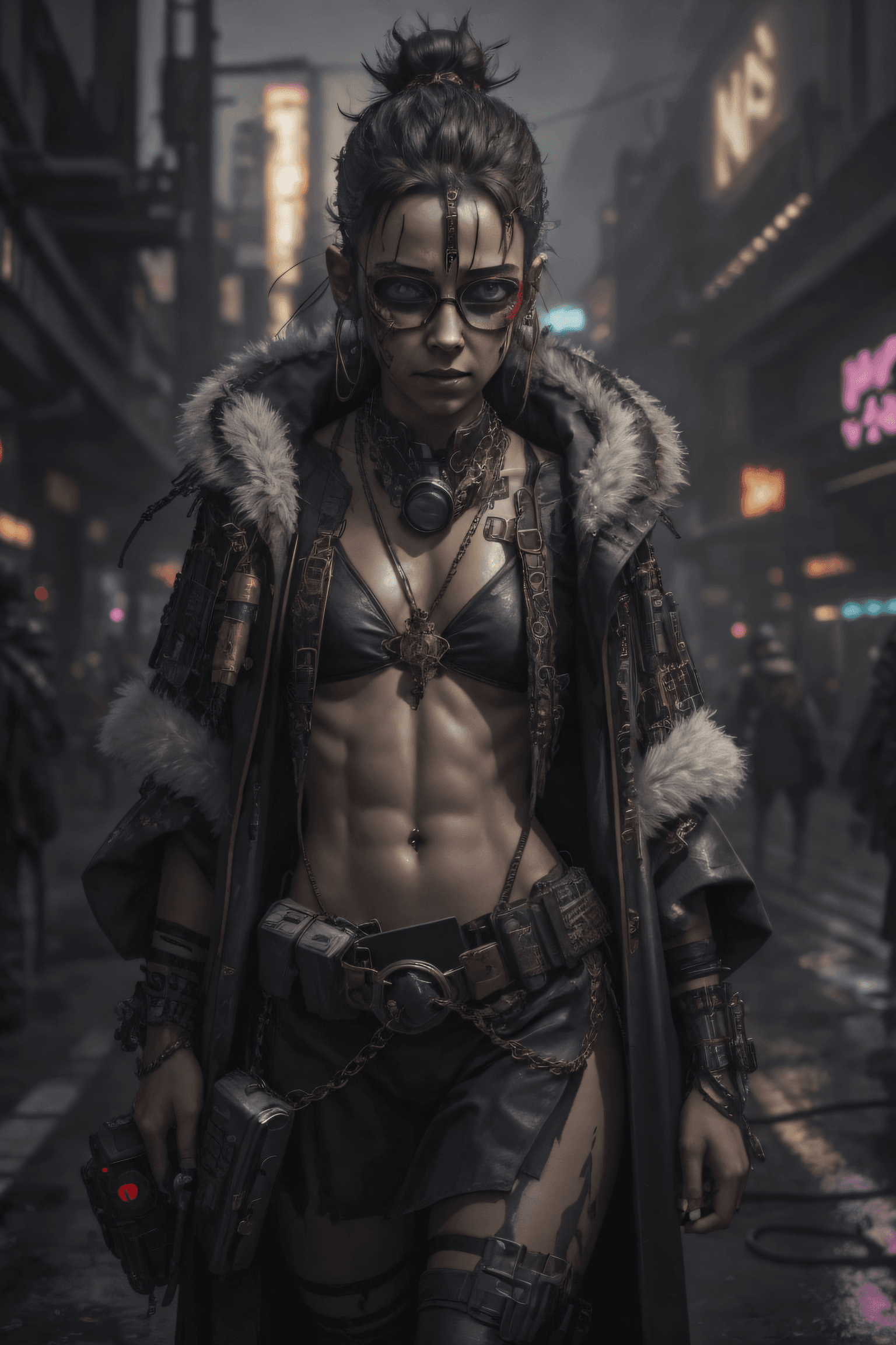 AI generated: neotokyo, photograph, Landscape of a cyberpunk girl, skinny, abs, flat chest, small breast, black me...