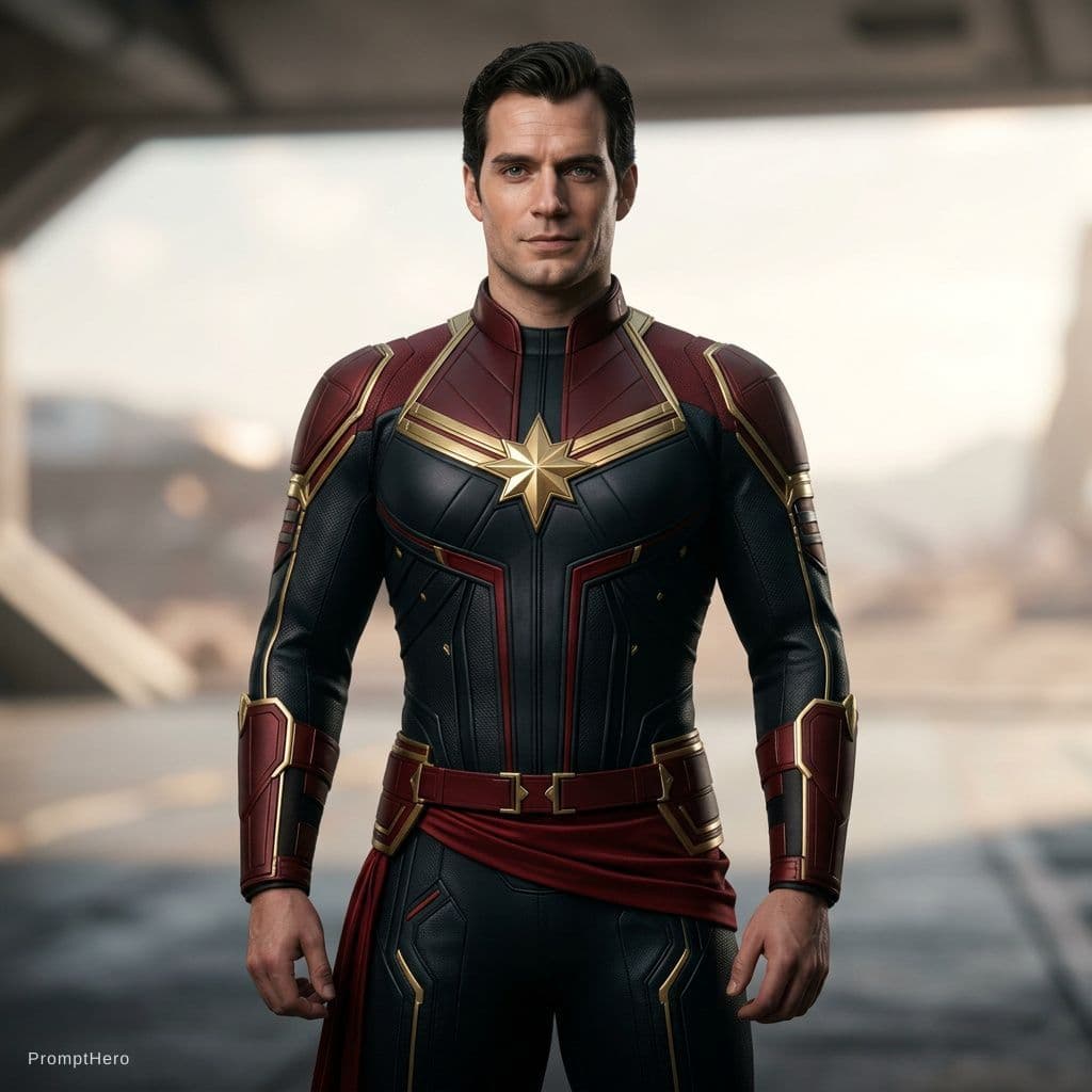 AI generated: henry cavil dressed as captain Marvel, captain marvel uniform is black dark red with a gold star on ...