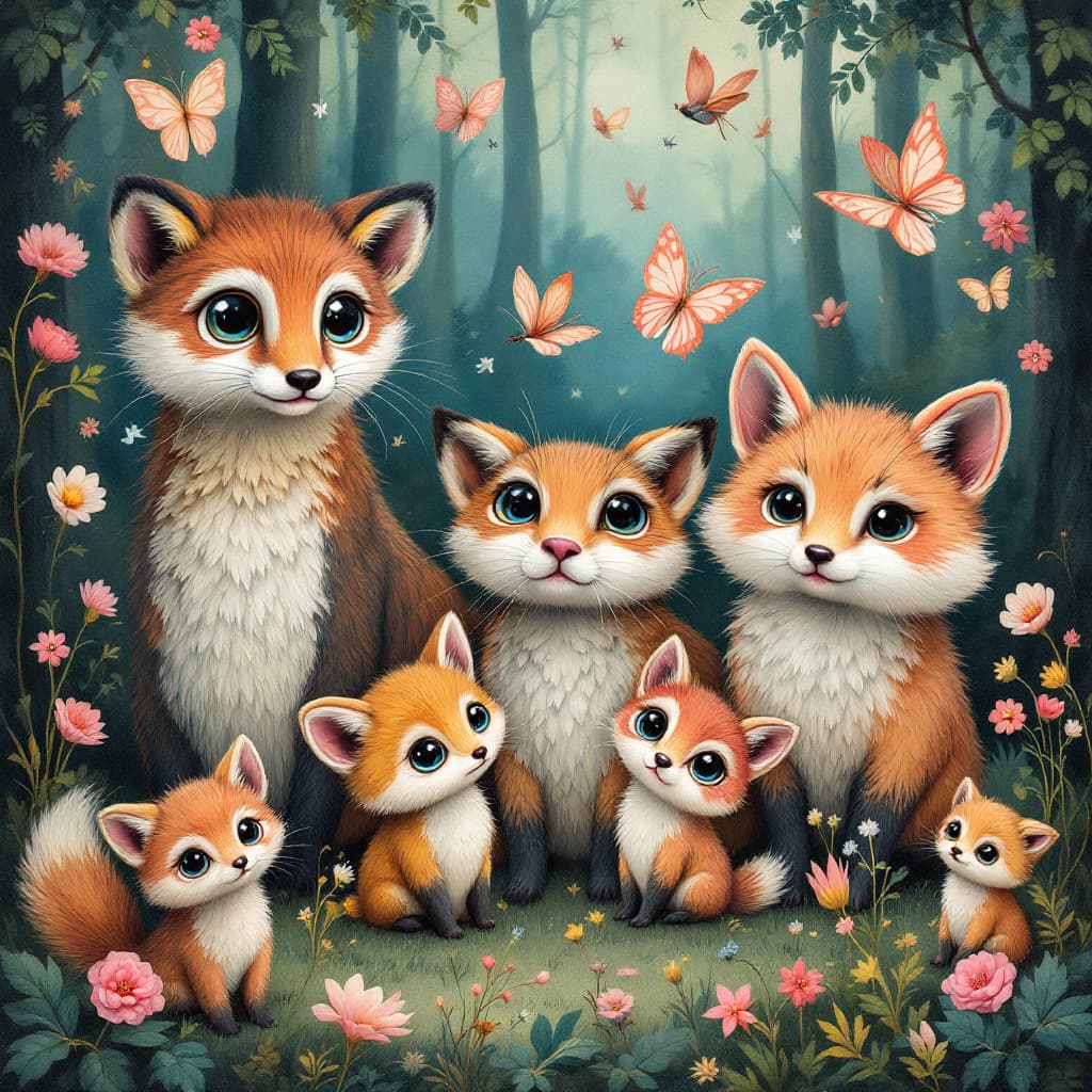AI generated: woodland animals, surreal, Nicoletta Ceccoli, (((Margaret Keane))). 
kitsch 1960's cute, colorful, b...
