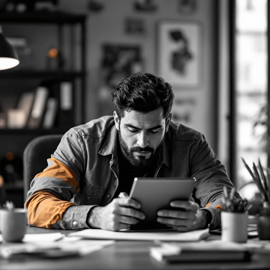 AI generated: A black-and-white photograph of a creative professional working on a digital tablet, with a flat-sty...