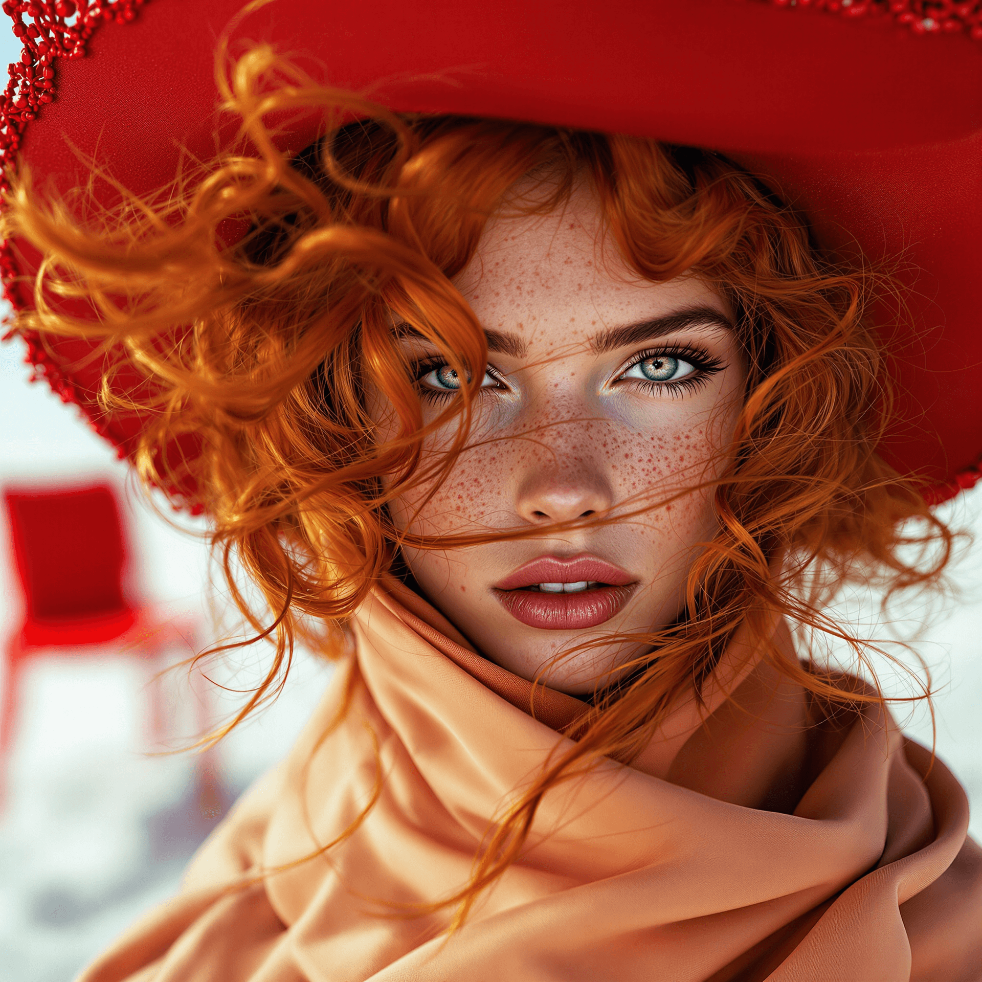 AI generated: A close-up of a freckled model's face framed by gravity-defying curls of flame-red hair, wearing a w...