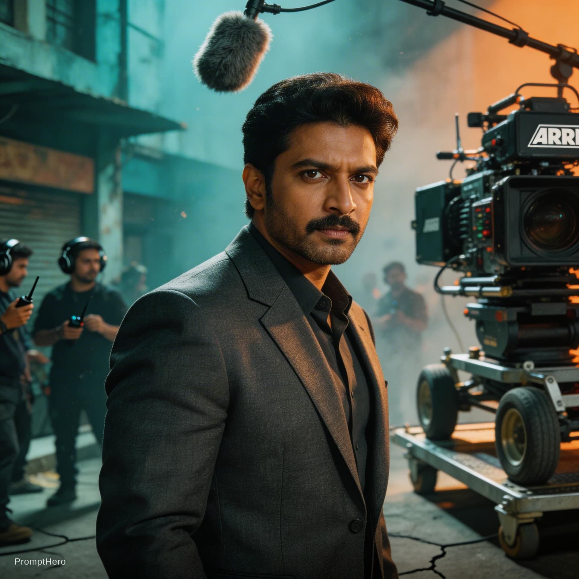 AI generated: A hyper-realistic behind-the-scenes (BTS) photograph of Tamil actor Thalapathy Vijay on a high-budge...