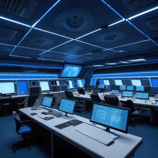 AI generated: spaceship technology lab, galaxy on the window, modern computers, modern robots, astronauts working,...