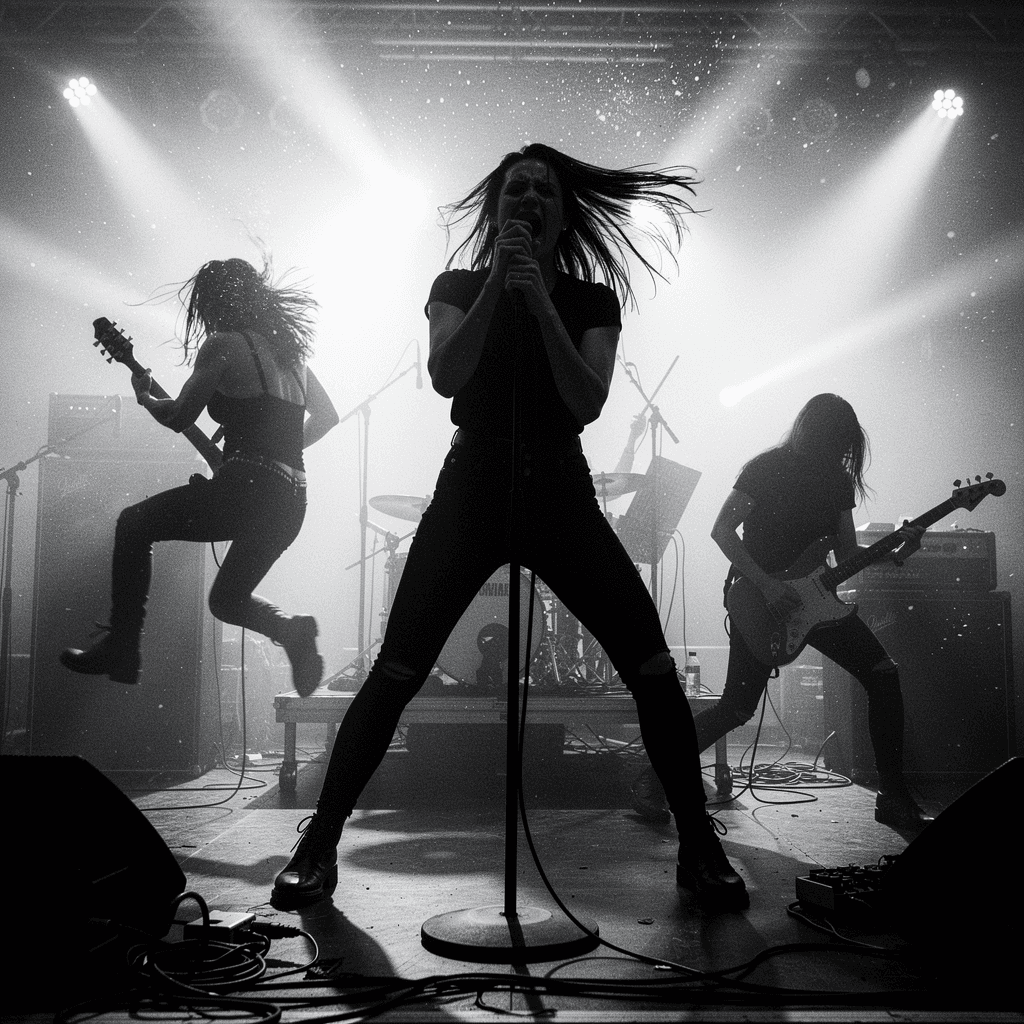 AI generated: A black and white silhouette photograph of female lead singer Slayalia and three female band members...