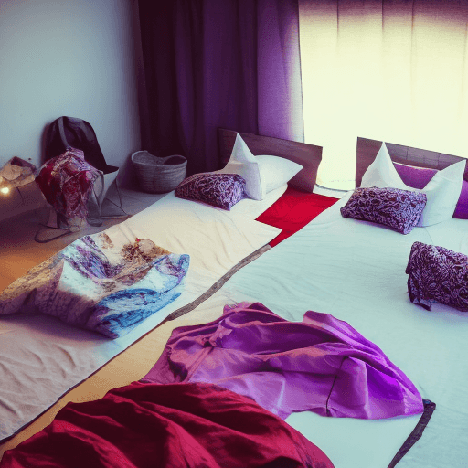 AI generated: Three bikinis on a bed, one red, one black, and one with a random pattern, bed sheets slightly crump...