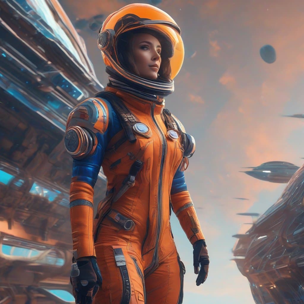 AI generated: highest quality photo of female explorer (orange:4), (blue:5) [spacesuit:tight jumpsuit:0.5], spaces...