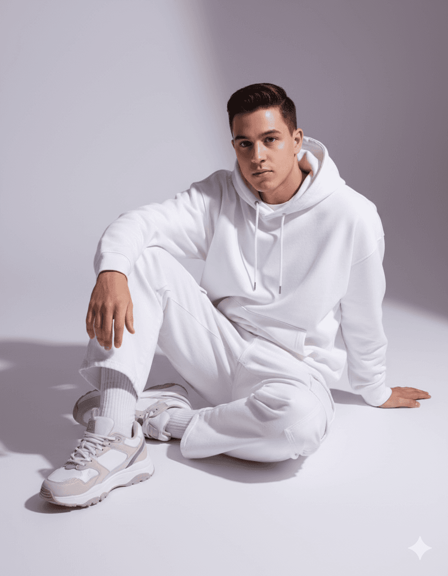 AI generated: Oversized white sweatshirt, white purple oversized combat jean, styled with footwear: white purple n...