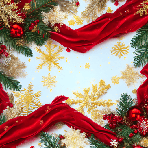 AI generated: A festive holiday scene featuring lush evergreen branches adorned with vibrant red ribbons, shiny go...