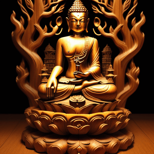AI generated: buddha in the temple, Wood carving relief sculpture, wildlife carving, Wood grain texture, vivid and...