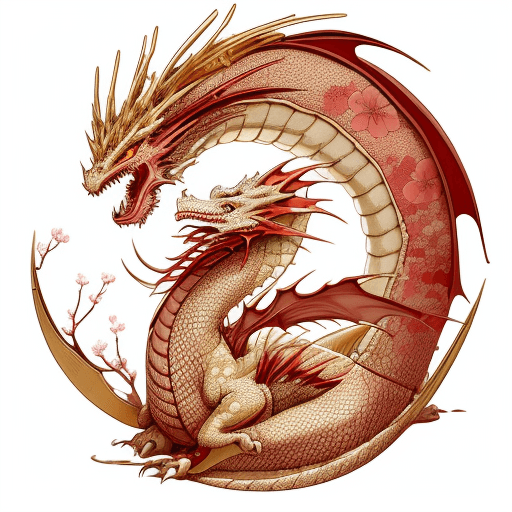 AI generated: dragon,sakura,japan,style,illustration,drawing,coquelicot color,gold,fashion