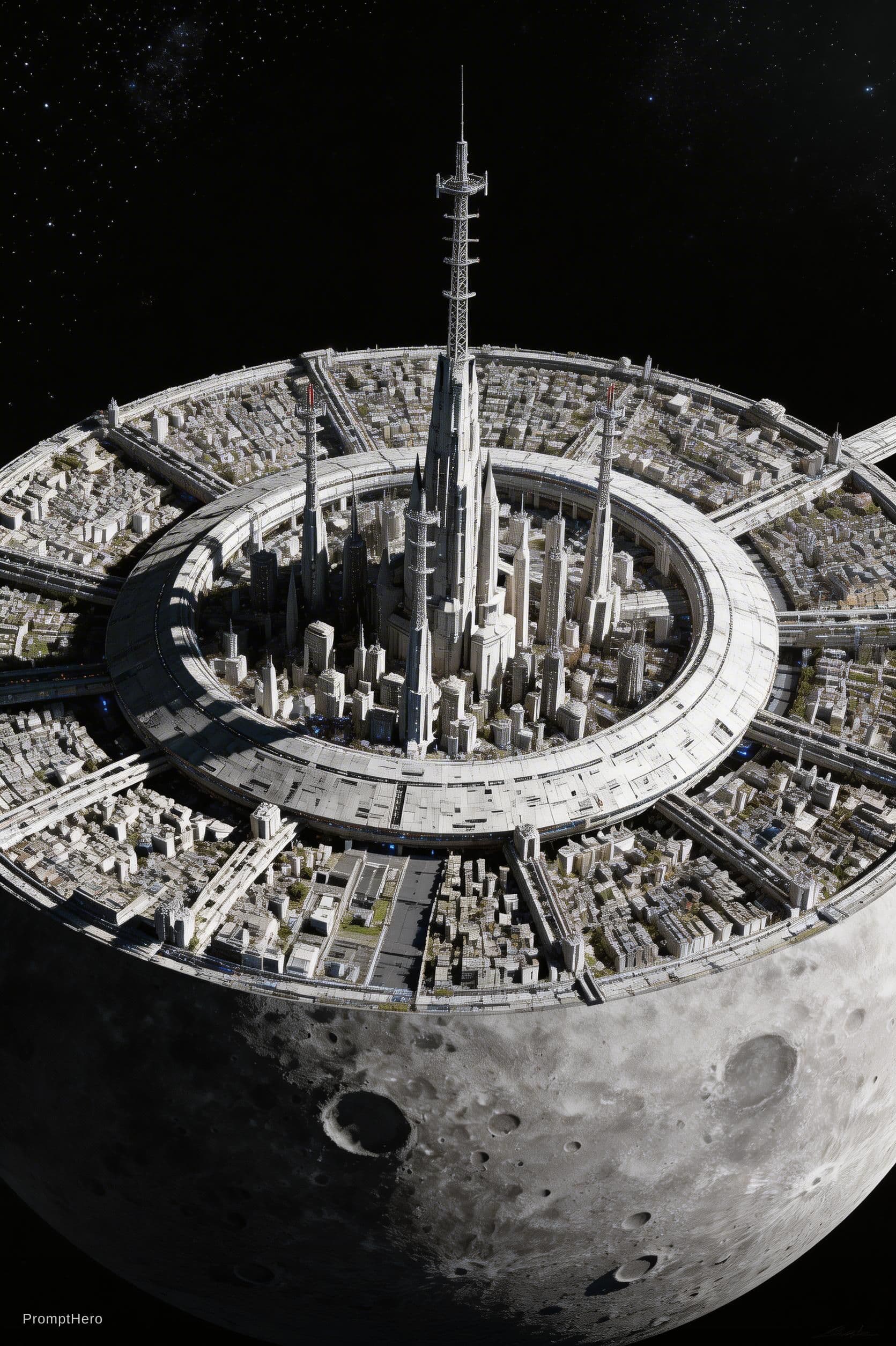 AI generated: Take this Reference image. Remove the ships. Remove the Earth. Show the Moon base from its top point...
