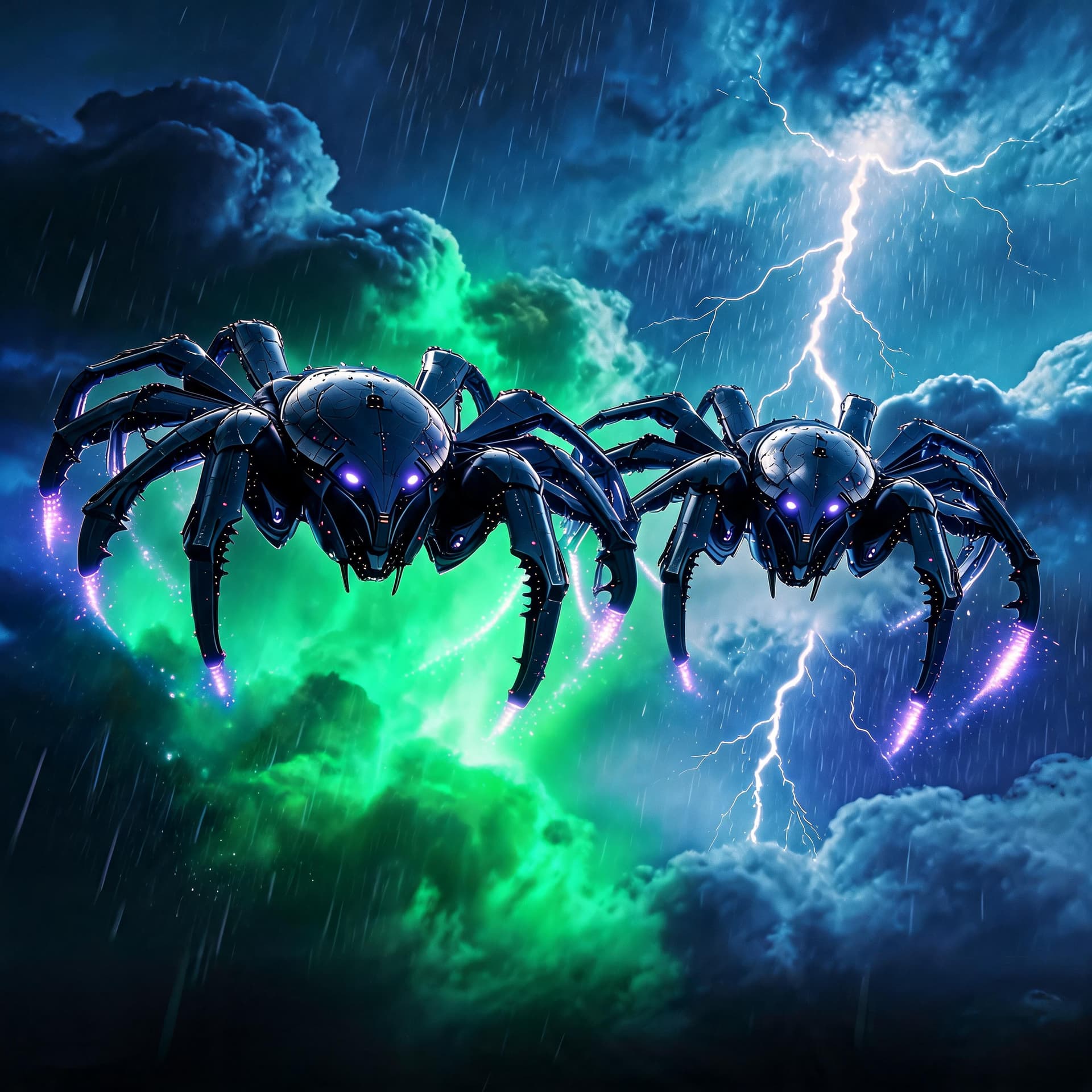 AI generated: Ultra-cinematic science fiction storm scene, two massive SPIDER-class alien crafts high within Earth...