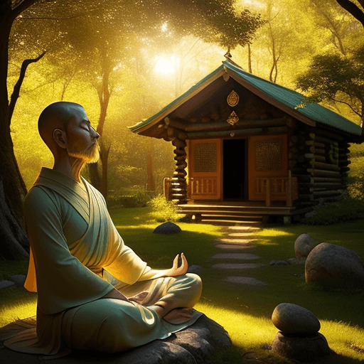 AI generated: a close up shot of monk meditating under green tree with a unique and ancient retreat cabin in backg...