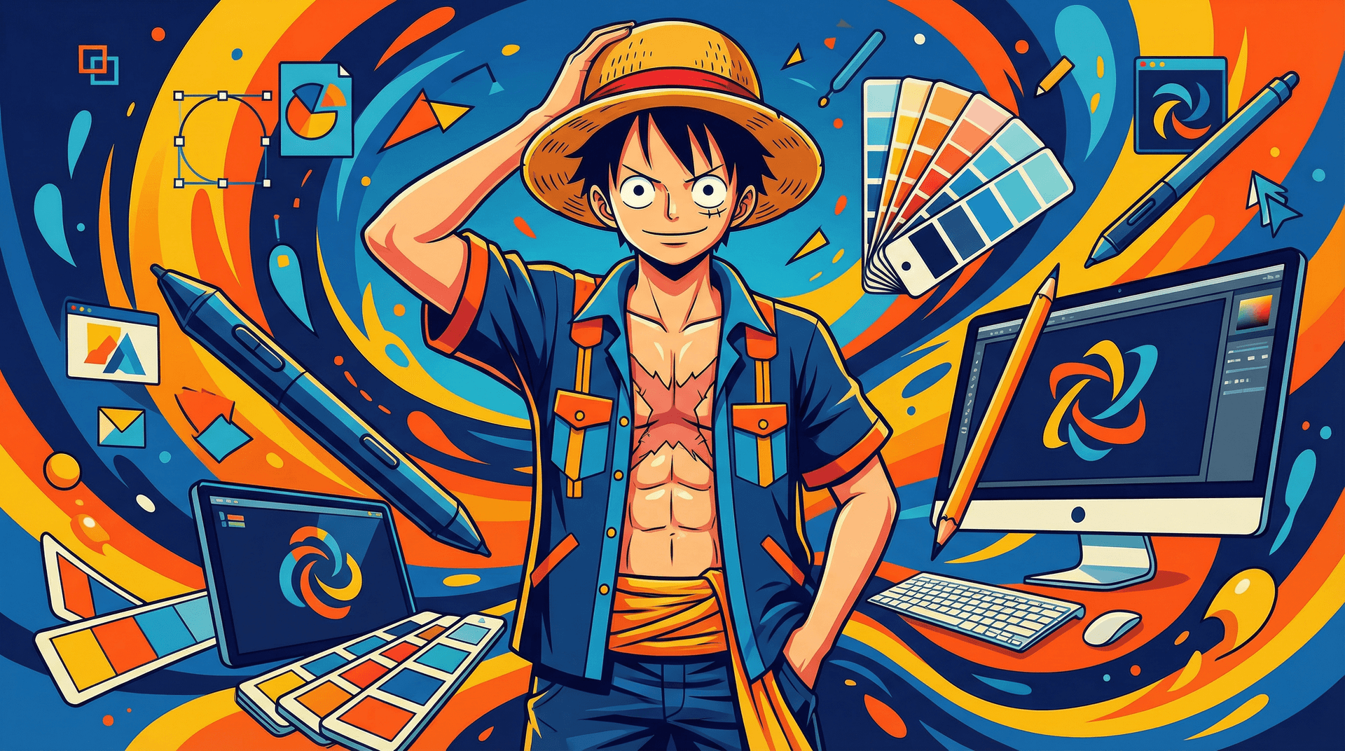 AI generated: a desktop wallpaper that has luffy desighn as a graphivs desighner