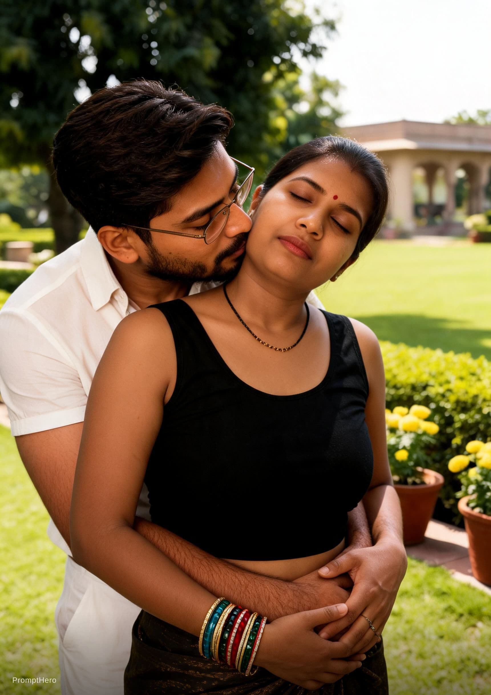 AI generated: convert this images into A Highly detailed, cinematic still of an Indian couple. A Indian man with d...