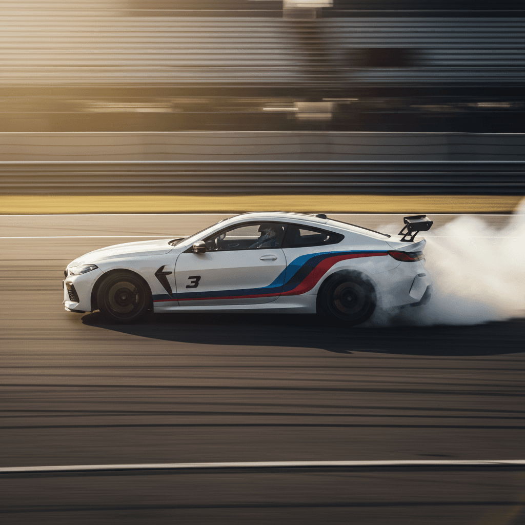 AI generated: side view of BMW M8, in white with blue and red racing stripes, black rear wing drifting around a sh...