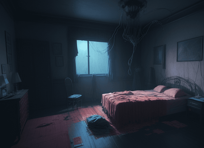 AI generated: rgb, sadness, bedroom full of water, sadness, cinematic, movie scene, inspired by zdzislaw beksinski...
