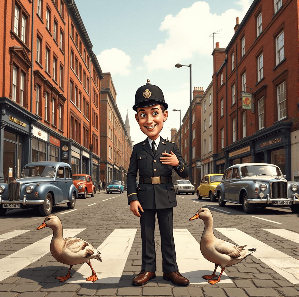 AI generated: A realistic comic-style illustration of a 1960s British bobby wearing a traditional custodian helmet...