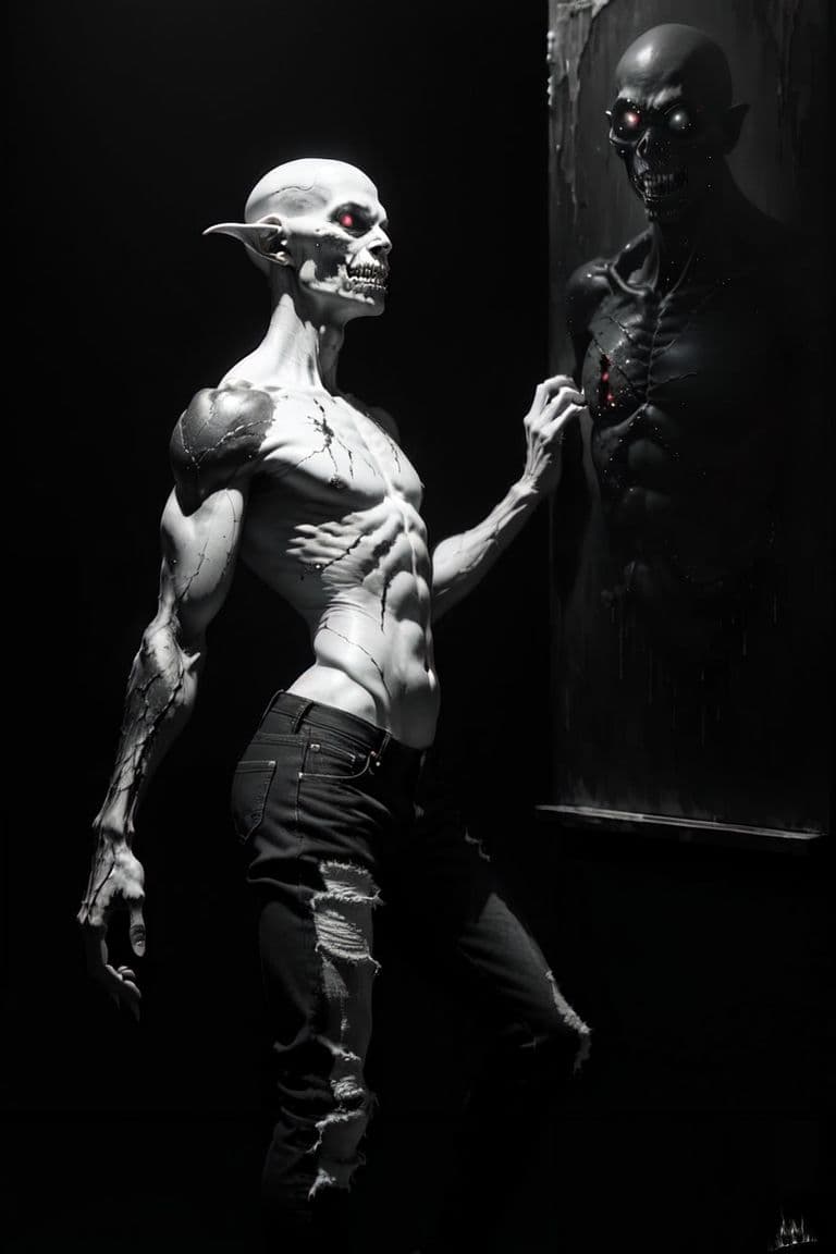AI generated: (Black and white photograph, monochromatic), (hyper-realistic, full-body shot, realistic skin), a ma...