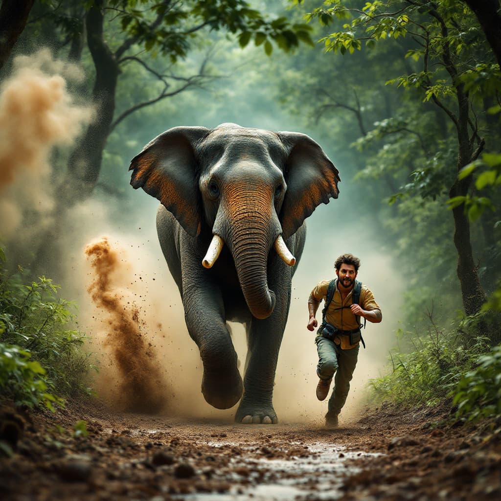 AI generated: Create a dramatic and dynamic image set in a deep Kerala forest, depicting an elephant running behin...