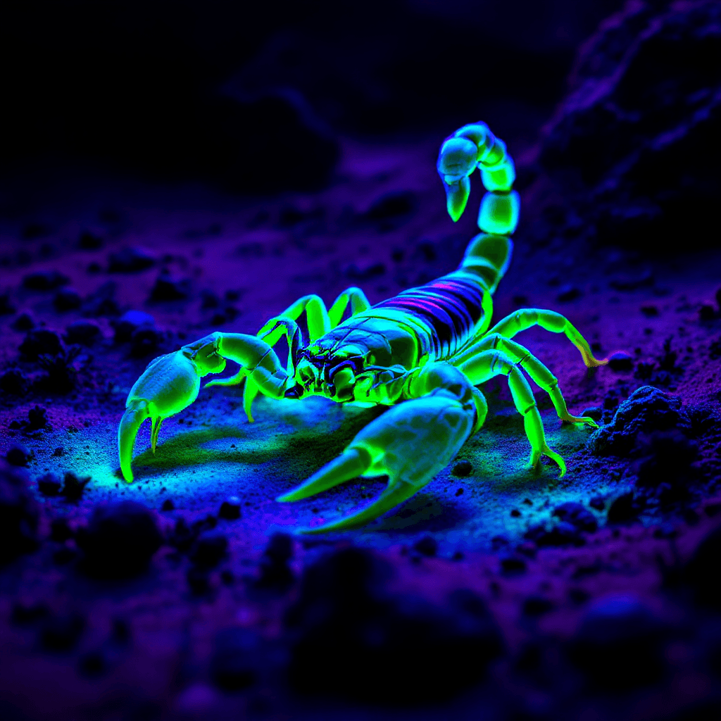AI generated: A highly detailed, photorealistic image of a scorpion illuminated under ultraviolet (black light) in...