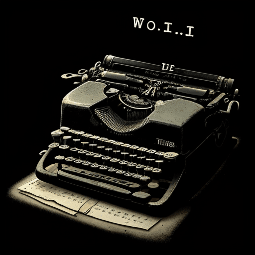 AI generated: artistic illustration typewriter trespassed for a gun, shooting, poor light, black background, noir