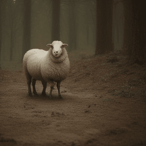 AI generated: mdjrny-v4 a dirty and scared sheep in a forest on a rainy day, coming towards the camera while a man...