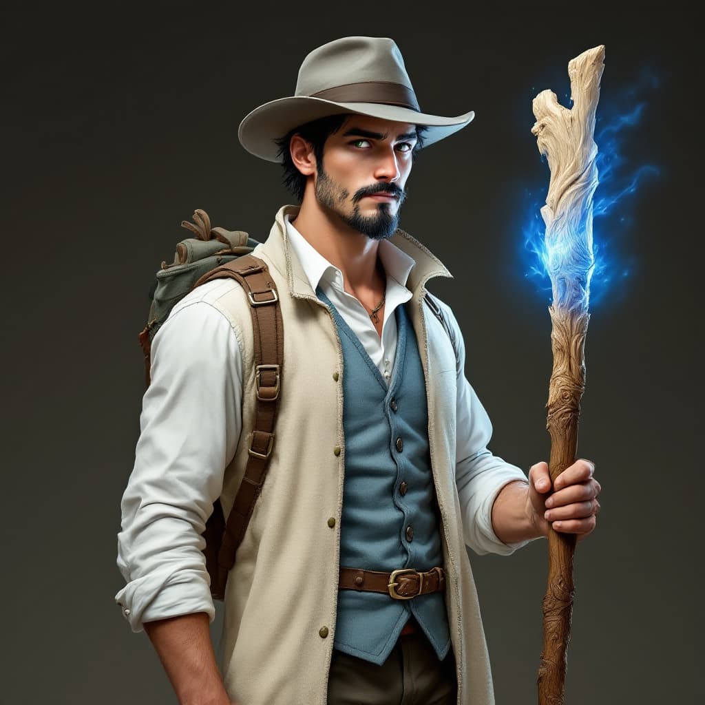AI generated: A lean man in his mid-20's. He has Black hair, green eyes and a goatee. He is wearing a white shirt,...