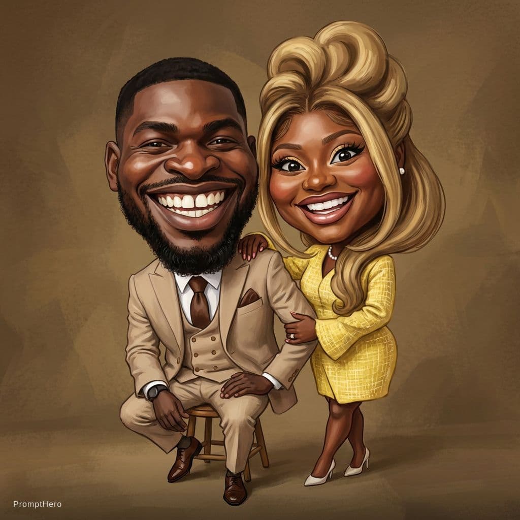 AI generated: funny caricature, adult man and woman (input Image), mid-30's, big cartoonish head, exaggerated cari...
