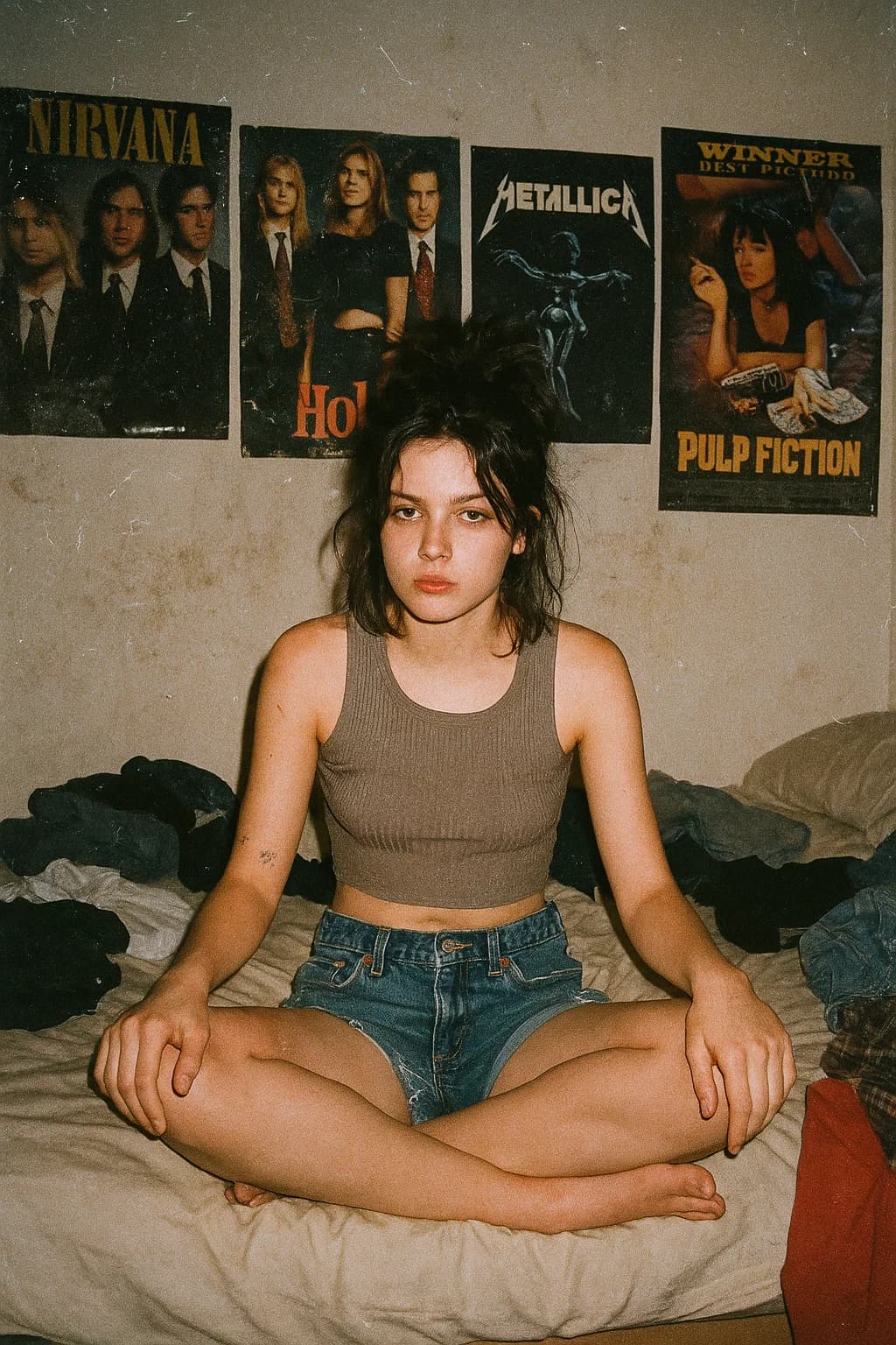AI generated: Grungy early-2000s lo-fi disposable flash snapshot in a messy teenage bedroom. The same rebellious f...