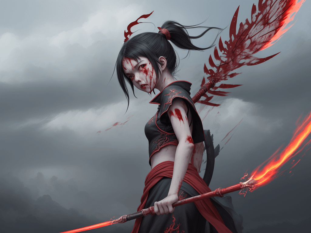 AI generated: 1girl, blood on face, angry, <lora:nezha_20230529030816:0.75>, holding spear, (flying), chinese myth...