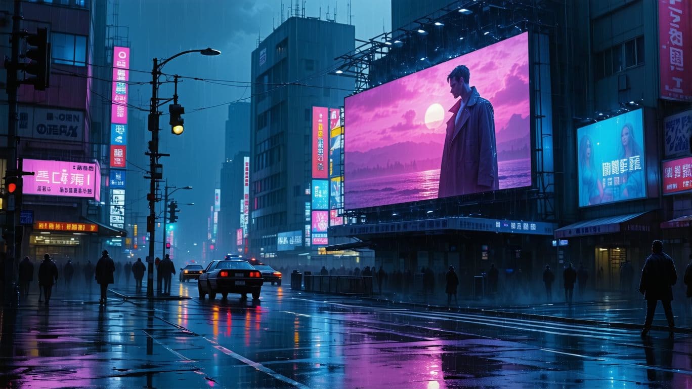 AI generated: a rainy gloomy city watch a video on a huge billboard in a futuristic city like tokyo , futuristic d...