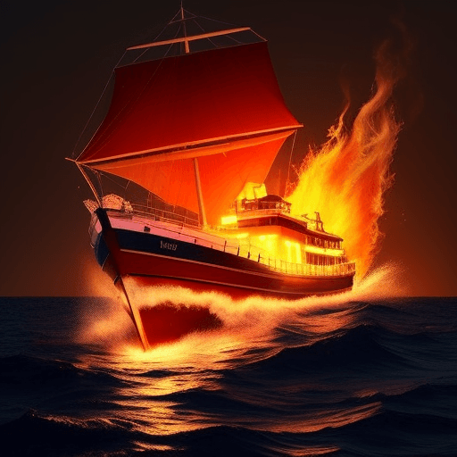 AI generated: Un barco navegando por el fuego y llegando a una luz radiante 