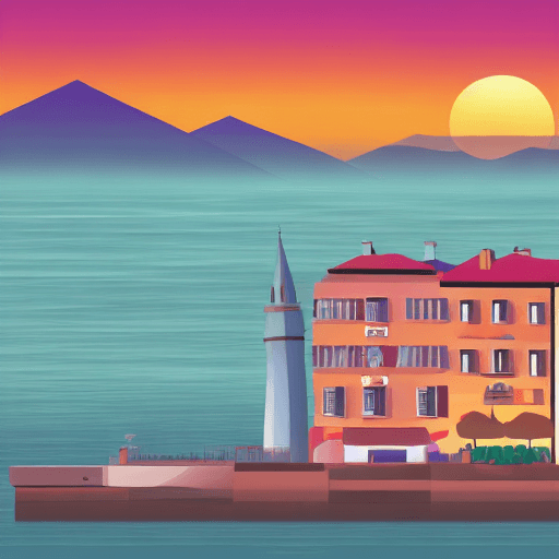 AI generated: 2D, freepik style, landing page illustration, Italian city coast, sunrise, urban, minimalistic 
