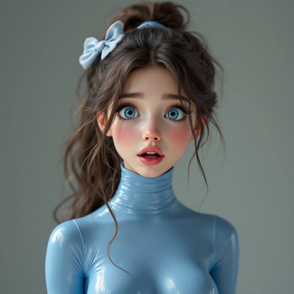 AI generated: Hyper realistic, cute, comely, young, shy, female, tight fitting  blue latex bodysuit model, brown h...
