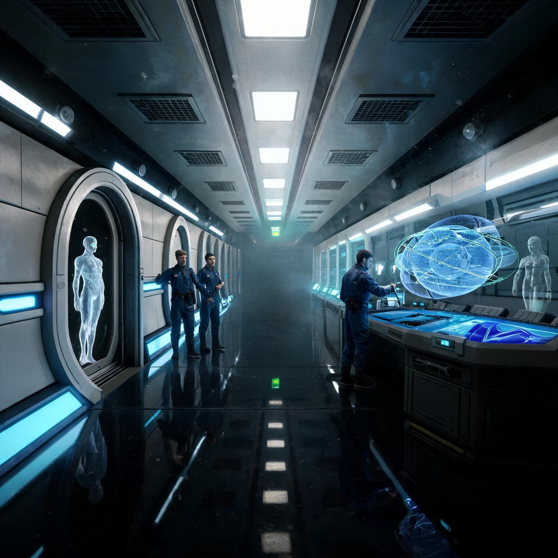 AI generated: A tense cinematic science-fiction corridor scene inside a futuristic lunar research base. In the for...