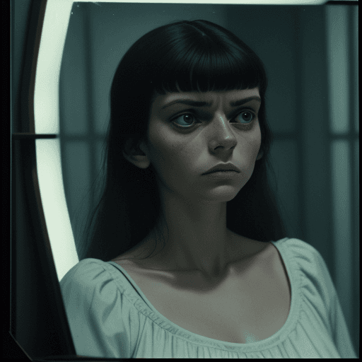 AI generated: A photograph styled to mirror a 1970s cinema frame, featuring a woman who resembles someone in her y...